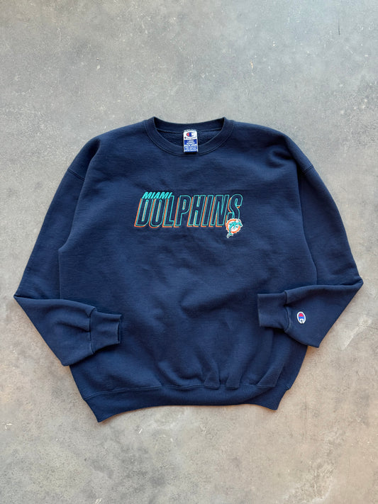 90’s Miami Dolphins Vintage Champion Navy Blue NFL Embroidered Crewneck (Large)