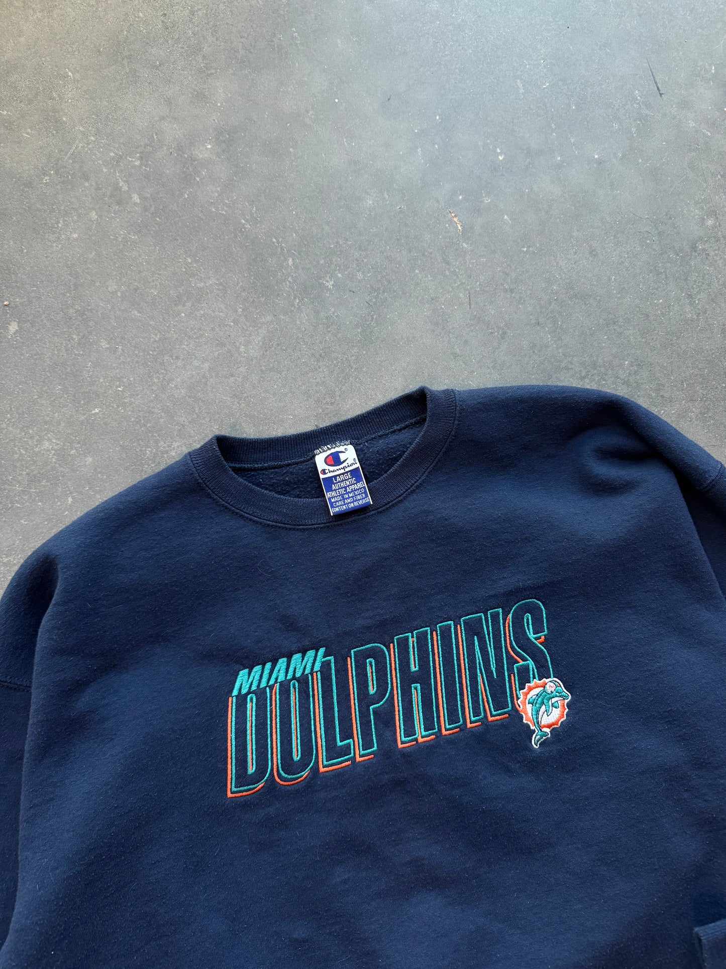 90’s Miami Dolphins Vintage Champion Navy Blue NFL Embroidered Crewneck (Large)