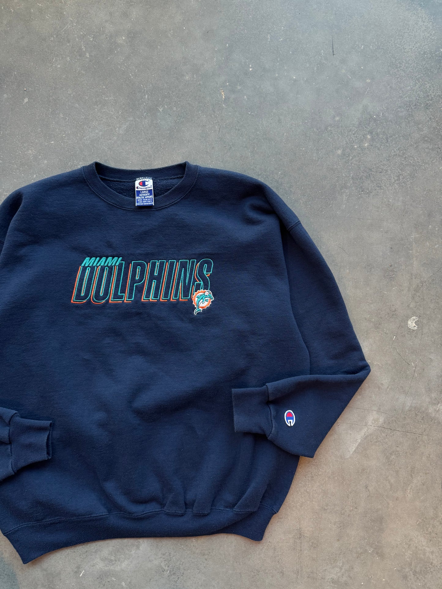 90’s Miami Dolphins Vintage Champion Navy Blue NFL Embroidered Crewneck (Large)