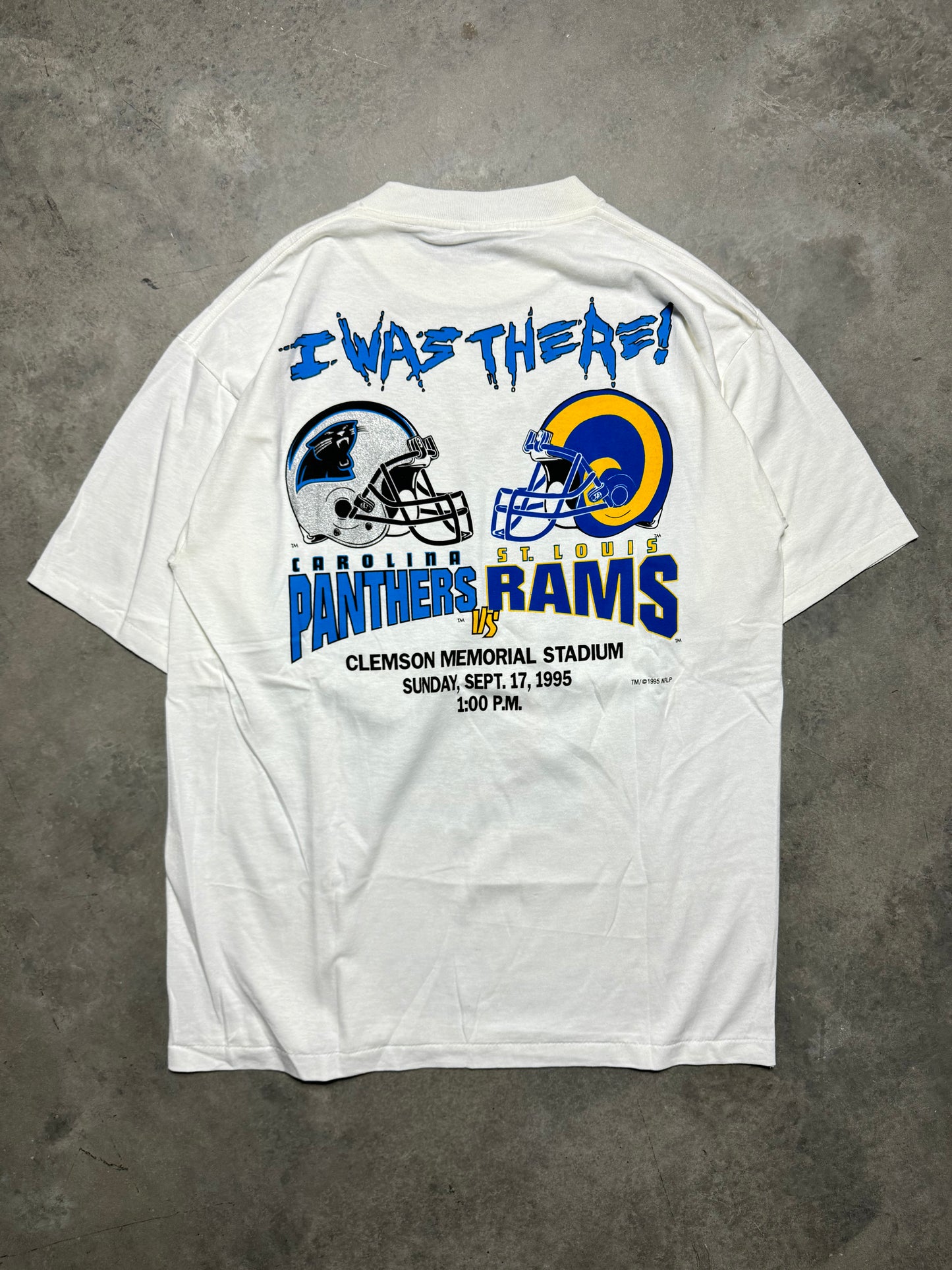 1995 Carolina Panthers vs. St. Louis Rams “I WAS THERE!” Vintage White Inaugural Season Franchise First Game NFL Match Up Tee - Deadstock (Large)