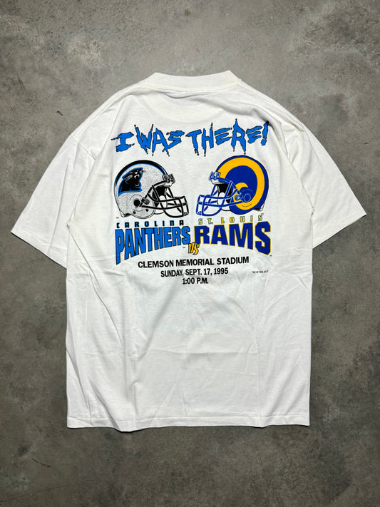 1995 Carolina Panthers vs. St. Louis Rams “I WAS THERE!” Vintage White Inaugural Season Franchise First Game NFL Match Up Tee - Deadstock (Large)