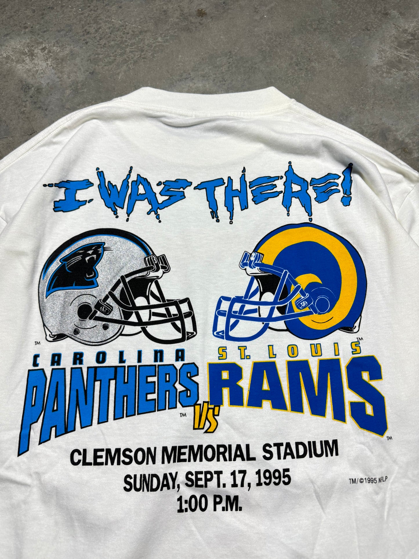 1995 Carolina Panthers vs. St. Louis Rams “I WAS THERE!” Vintage White Inaugural Season Franchise First Game NFL Match Up Tee - Deadstock (Large)
