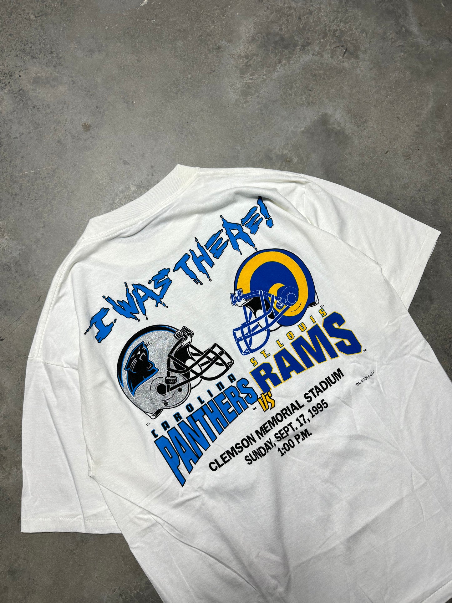 1995 Carolina Panthers vs. St. Louis Rams “I WAS THERE!” Vintage White Inaugural Season Franchise First Game NFL Match Up Tee - Deadstock (Large)