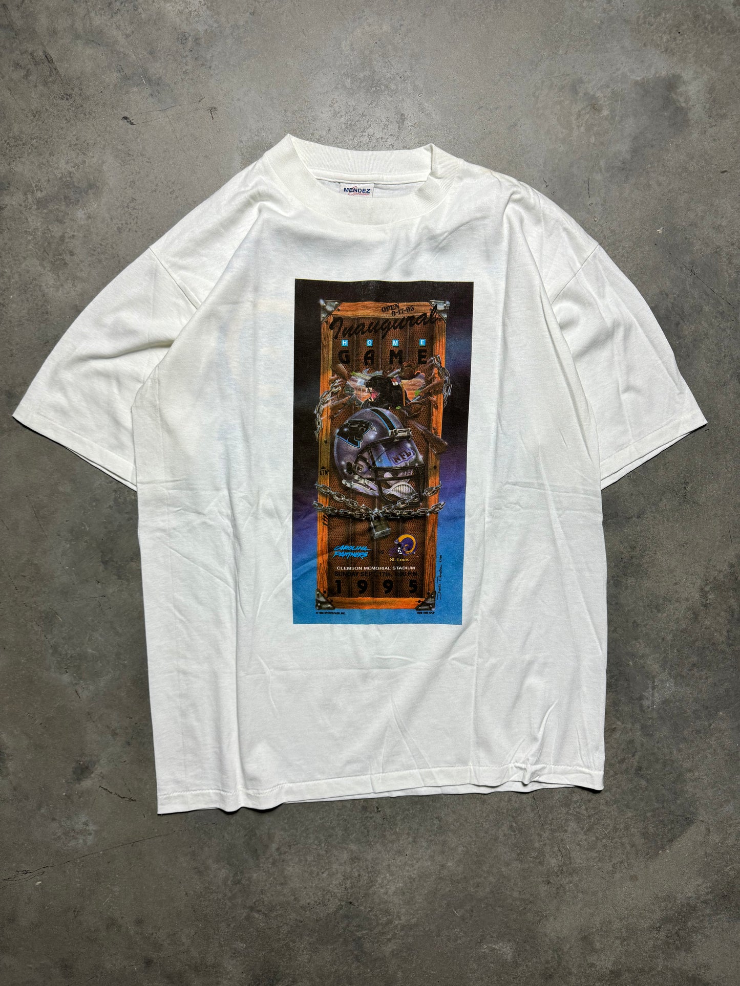 1995 Carolina Panthers vs. St. Louis Rams “I WAS THERE!” Vintage White Inaugural Season Franchise First Game NFL Match Up Tee - Deadstock (Large)