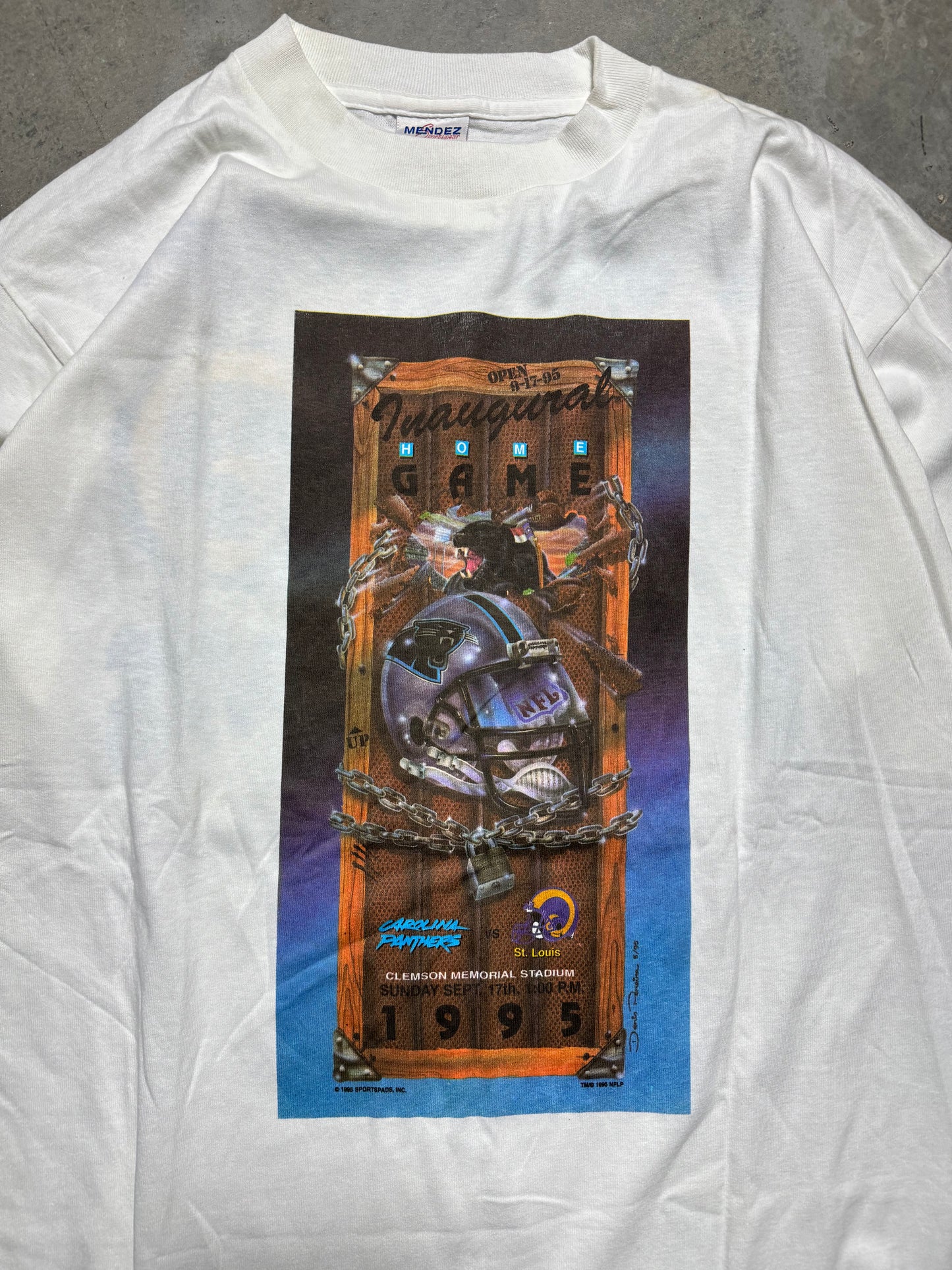 1995 Carolina Panthers vs. St. Louis Rams “I WAS THERE!” Vintage White Inaugural Season Franchise First Game NFL Match Up Tee - Deadstock (Large)