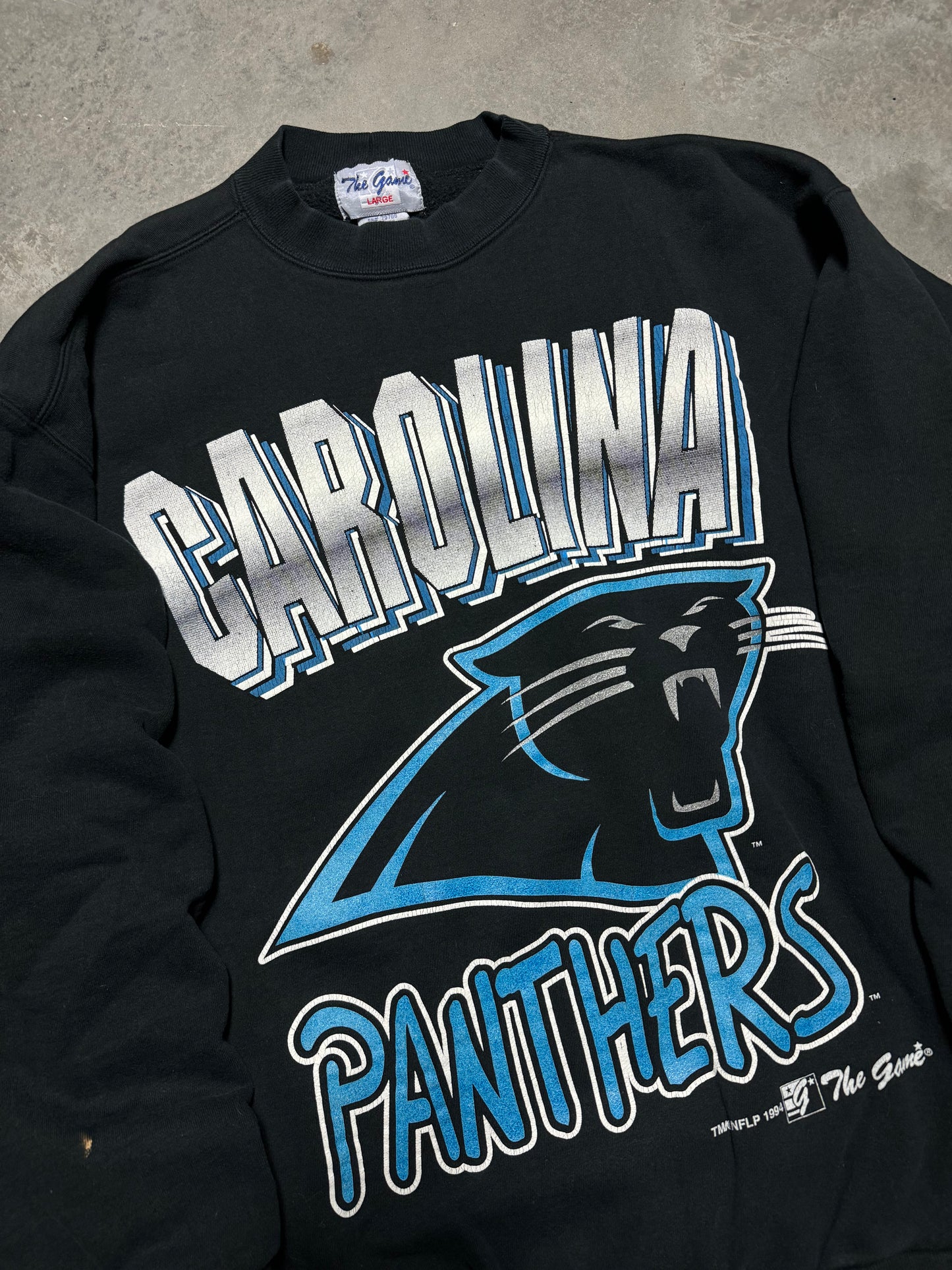 1994 Carolina Panthers Vintage Black The Game Heavyweight Chrome Spellout NFL Crewneck (Large)