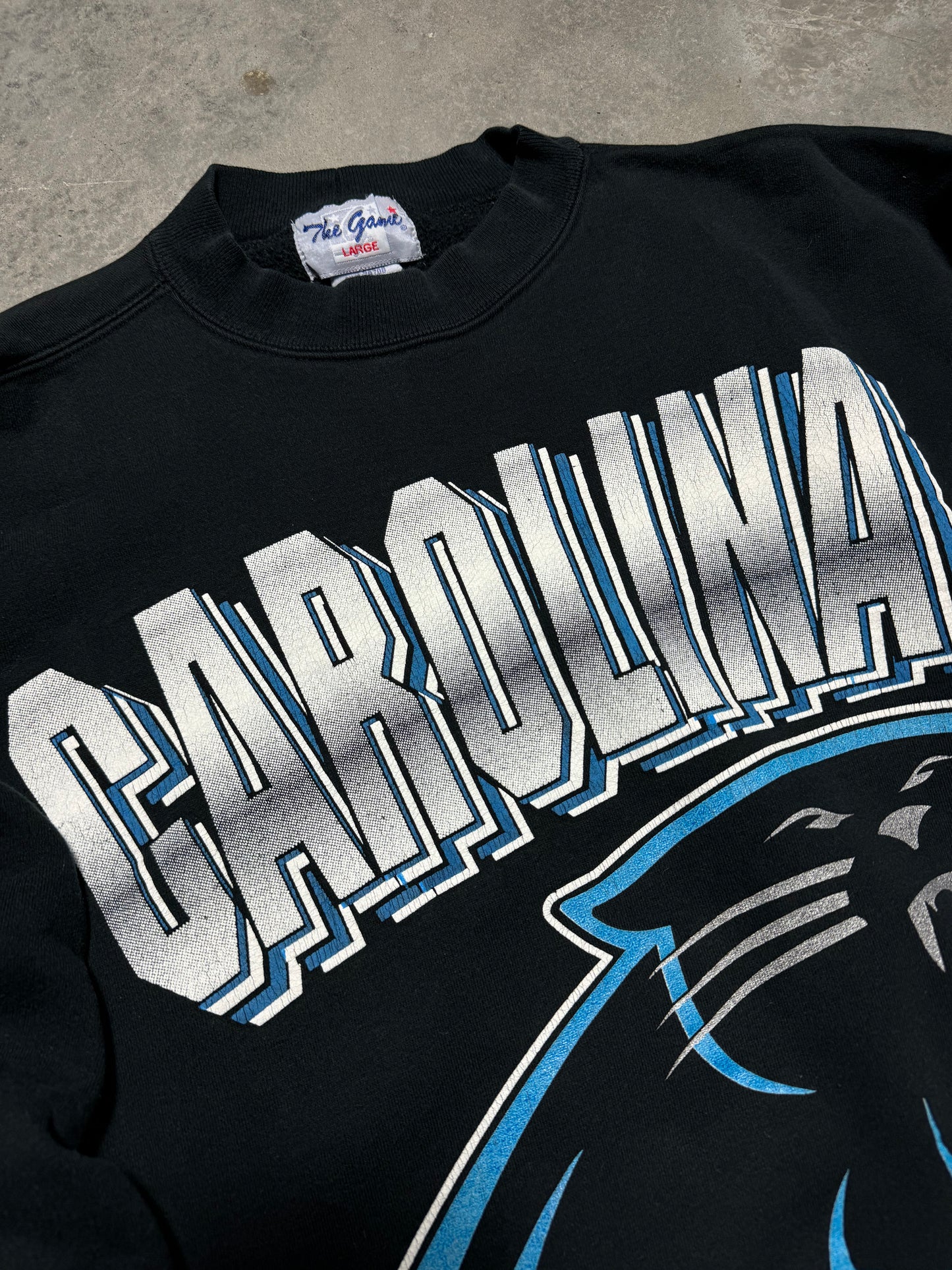 1994 Carolina Panthers Vintage Black The Game Heavyweight Chrome Spellout NFL Crewneck (Large)