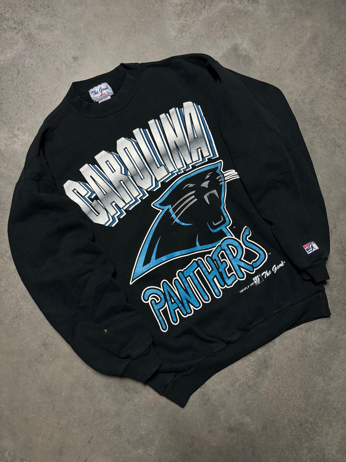 1994 Carolina Panthers Vintage Black The Game Heavyweight Chrome Spellout NFL Crewneck (Large)