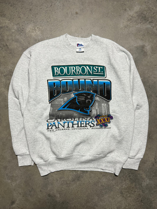 1996 Carolina Panthers Vintage Heather Grey Pro Player Bourbon Street Bound NFL Playoffs Super Bowl XXXI Crewneck (Large)