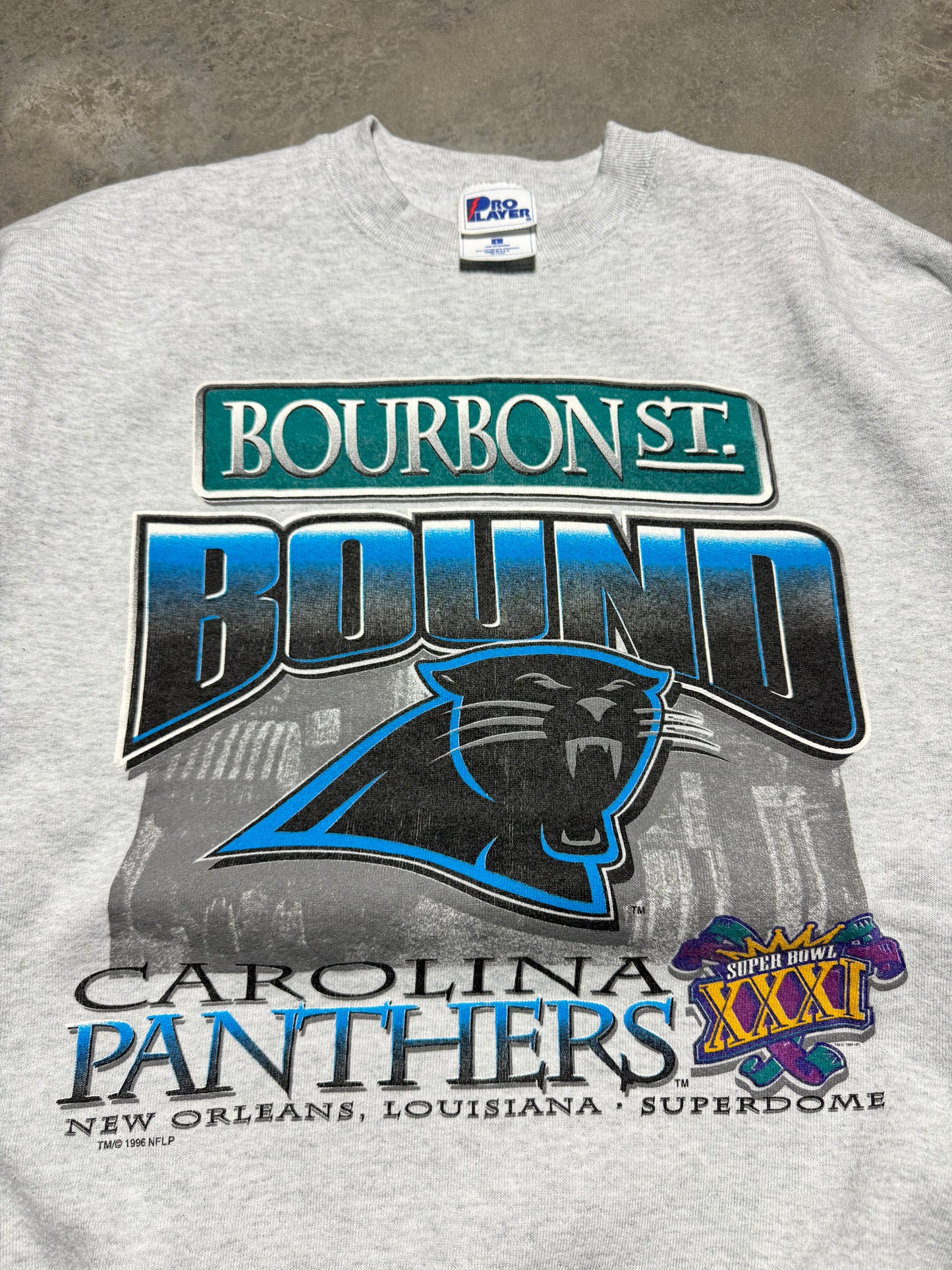 1996 Carolina Panthers Vintage Heather Grey Pro Player Bourbon Street Bound NFL Playoffs Super Bowl XXXI Crewneck (Large)
