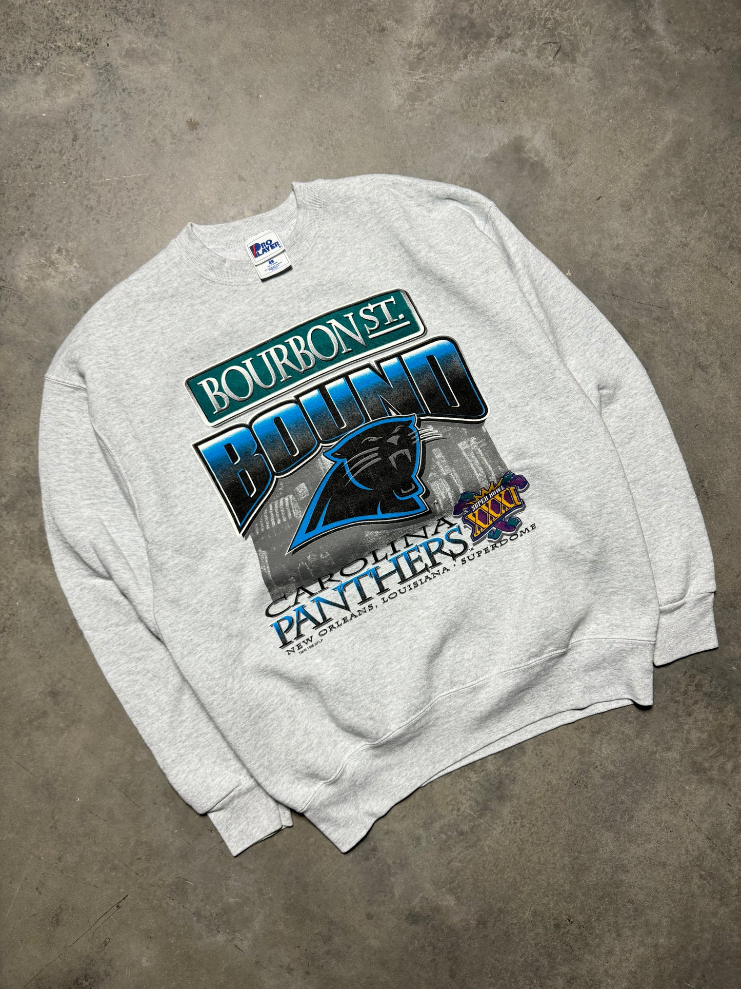 1996 Carolina Panthers Vintage Heather Grey Pro Player Bourbon Street Bound NFL Playoffs Super Bowl XXXI Crewneck (Large)