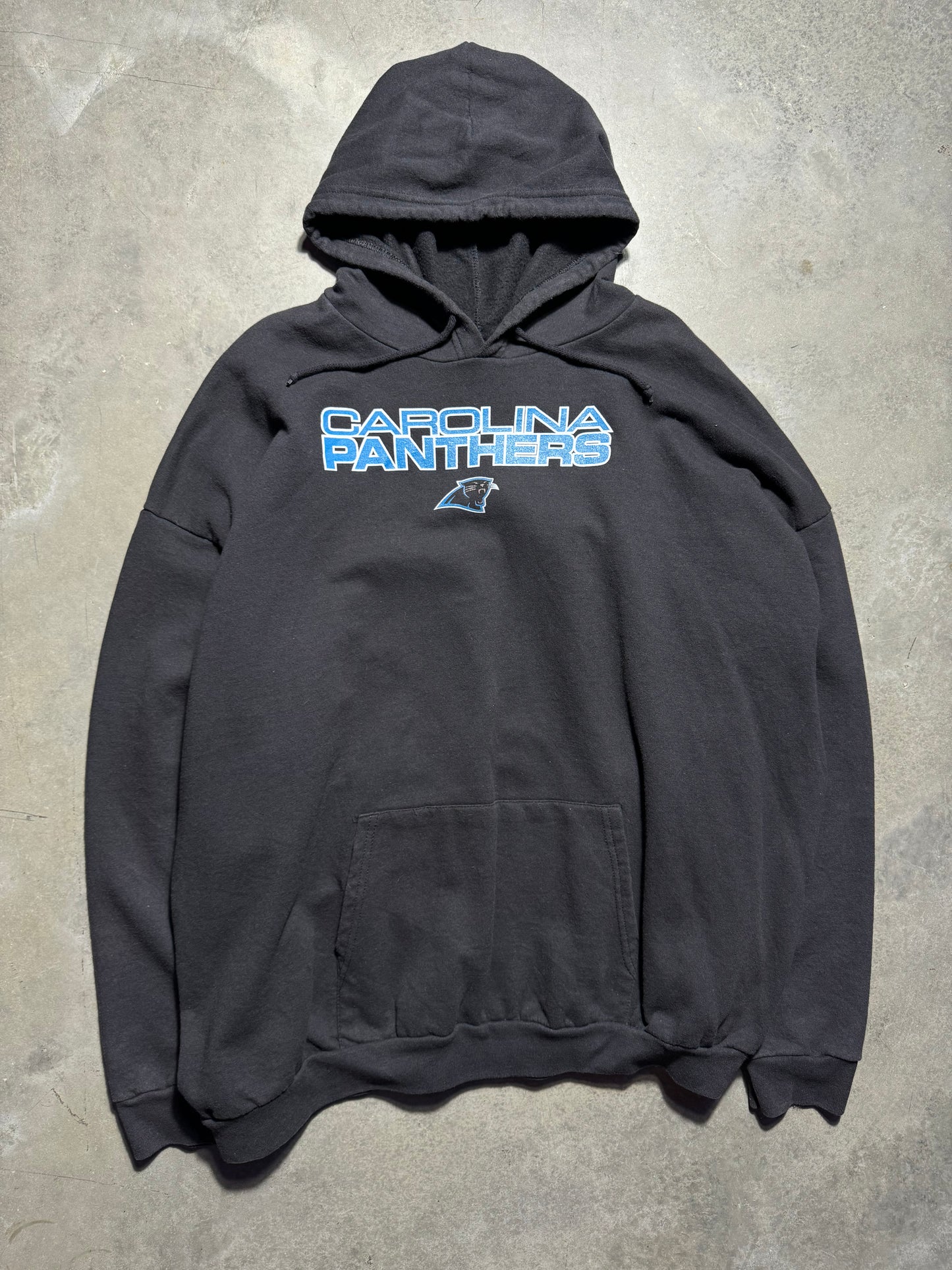 00’s Carolina Panthers Vintage Black Stacked Logo Spellout NFL Hoodie (XXL)