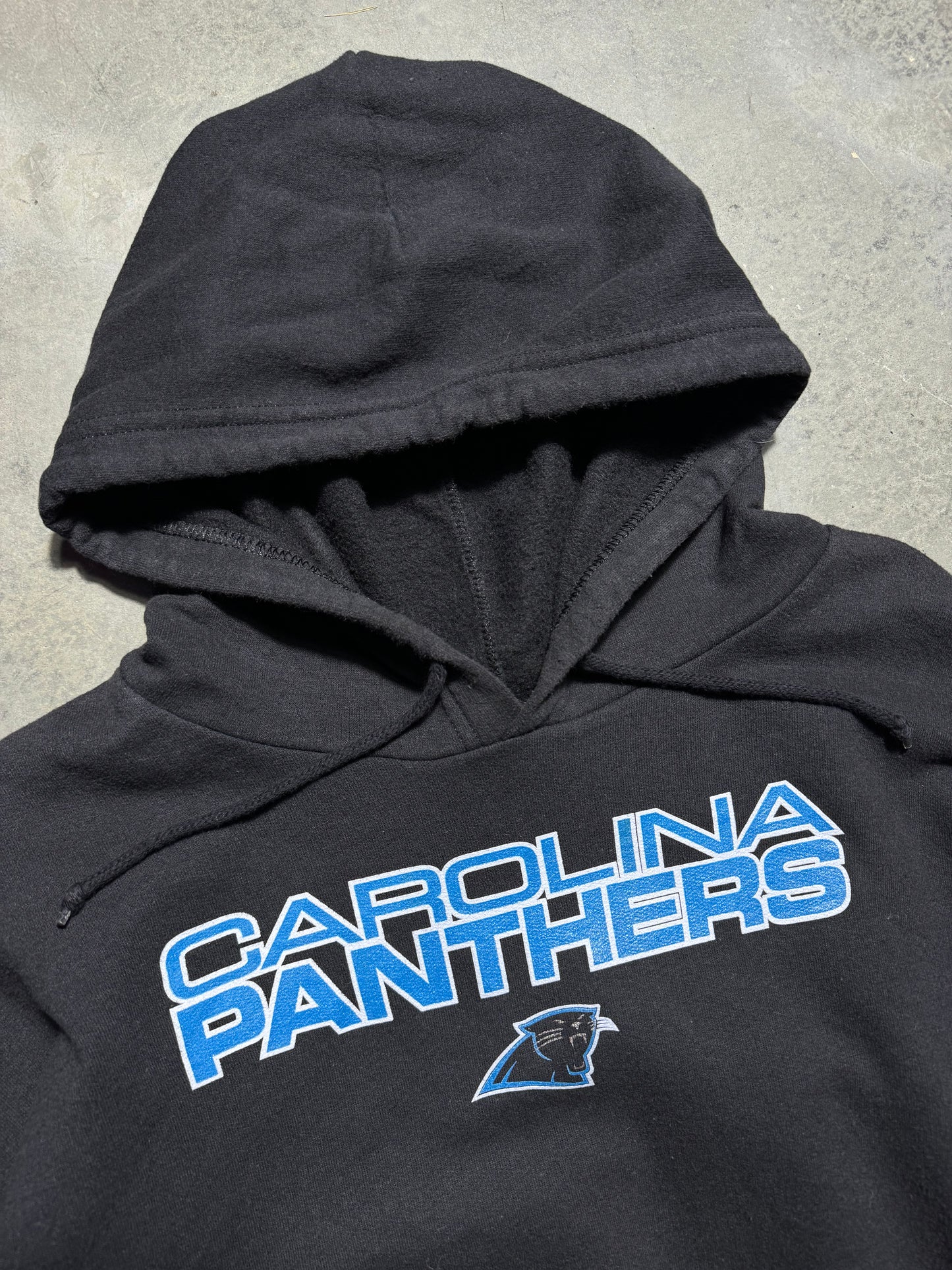 00’s Carolina Panthers Vintage Black Stacked Logo Spellout NFL Hoodie (XXL)