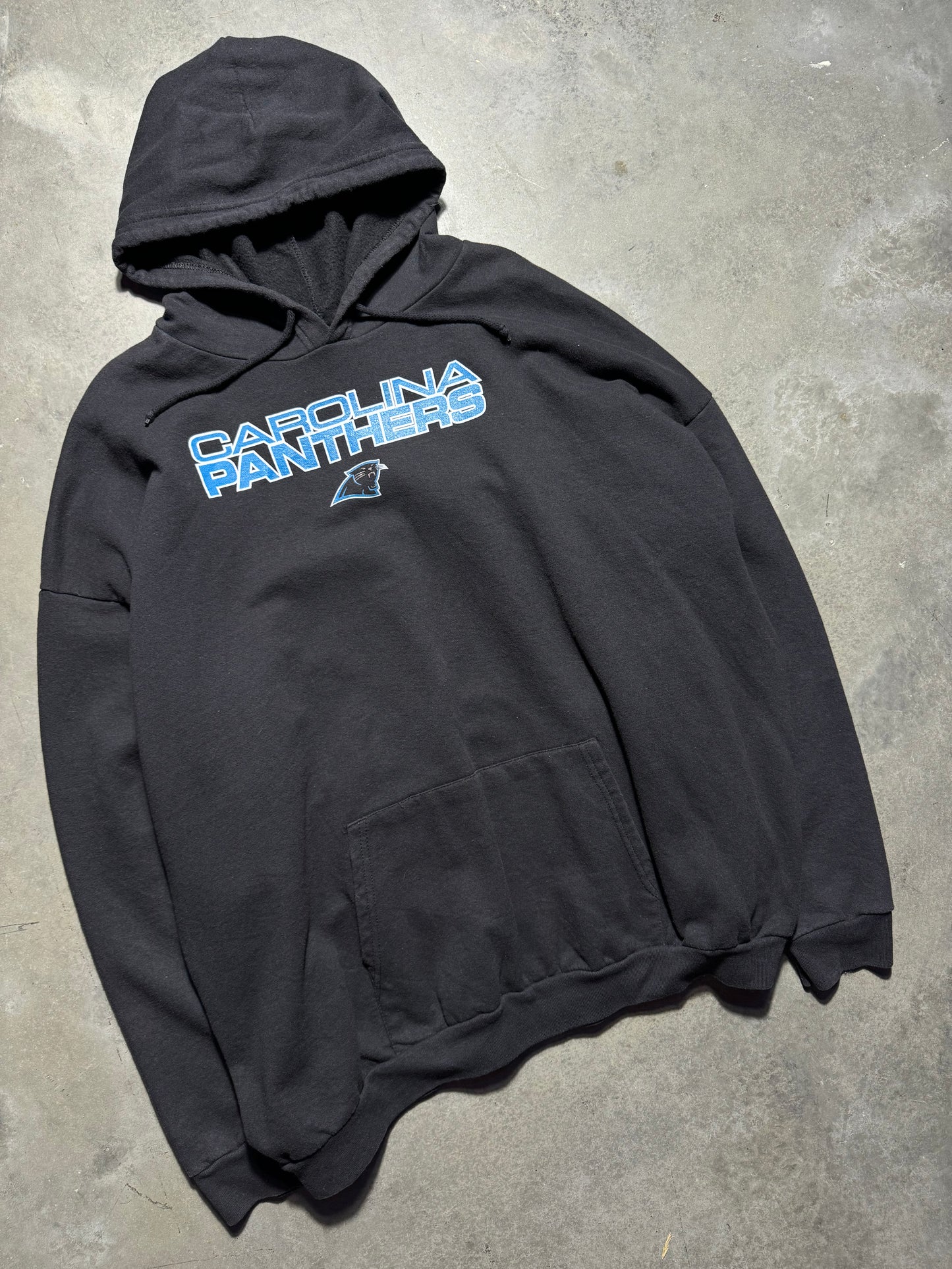 00’s Carolina Panthers Vintage Black Stacked Logo Spellout NFL Hoodie (XXL)