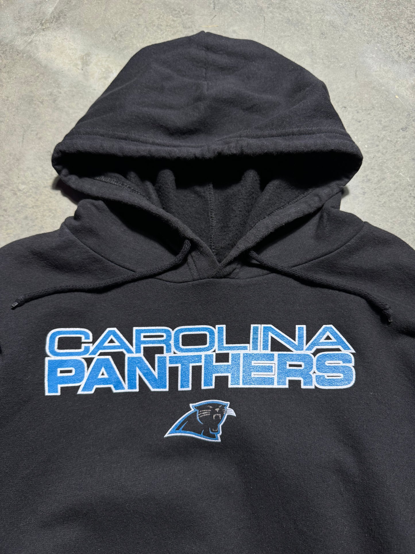 00’s Carolina Panthers Vintage Black Stacked Logo Spellout NFL Hoodie (XXL)