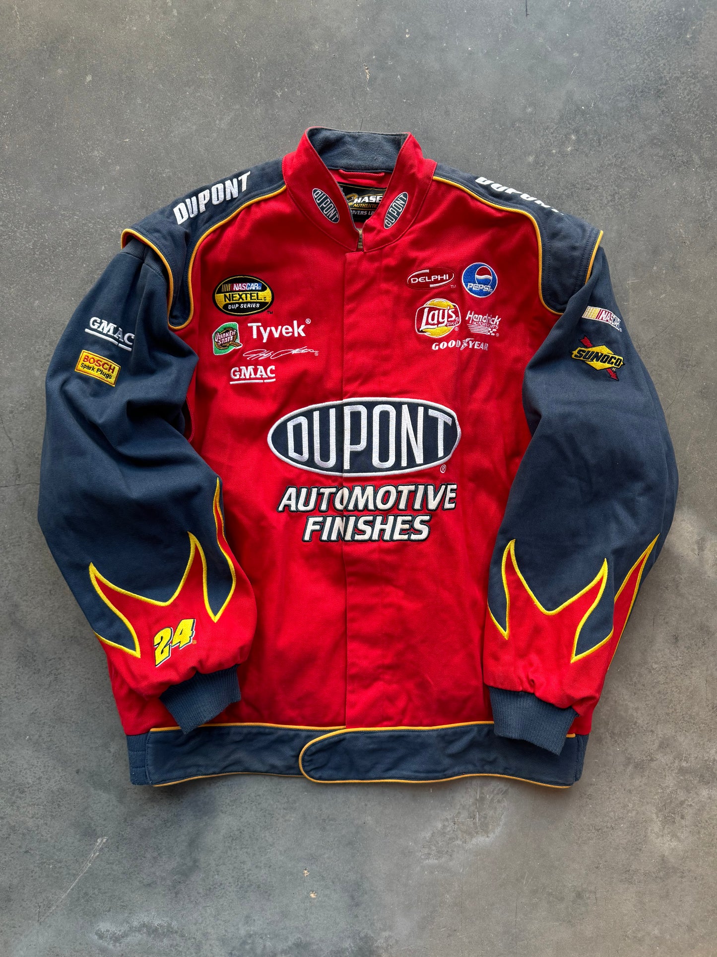 00’s Jeff Gordon Vintage DuPont Racing Flame Print Embroidered NASCAR Jacket (XL)