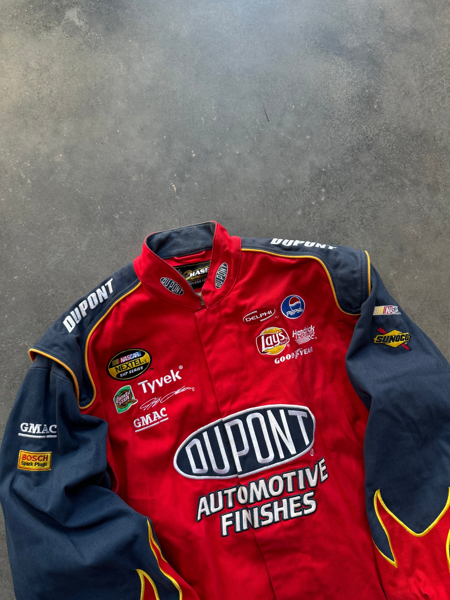 00’s Jeff Gordon Vintage DuPont Racing Flame Print Embroidered NASCAR Jacket (XL)