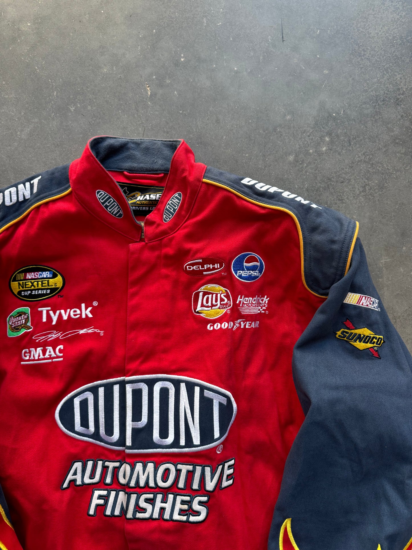 00’s Jeff Gordon Vintage DuPont Racing Flame Print Embroidered NASCAR Jacket (XL)