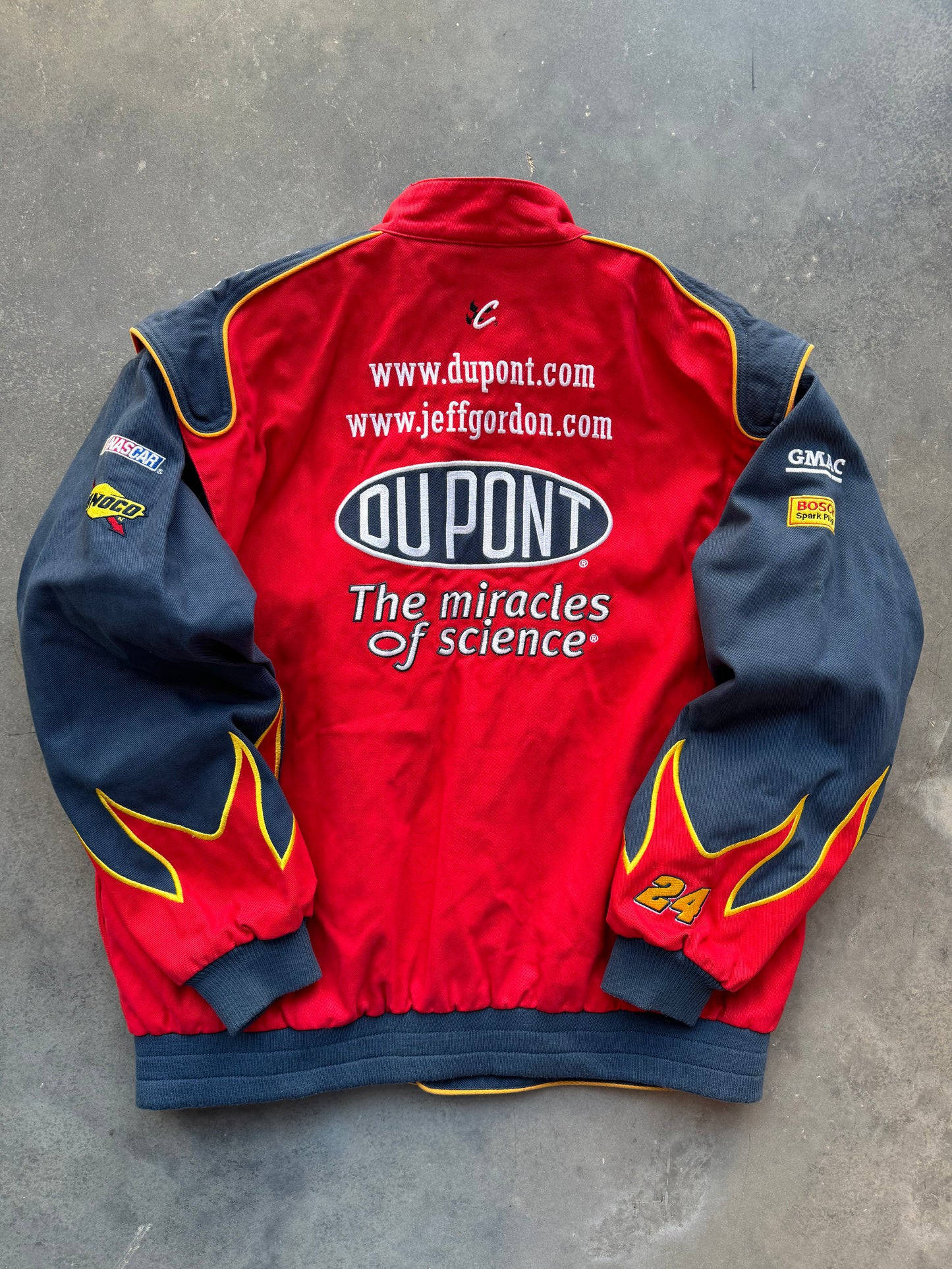 00’s Jeff Gordon Vintage DuPont Racing Flame Print Embroidered NASCAR Jacket (XL)