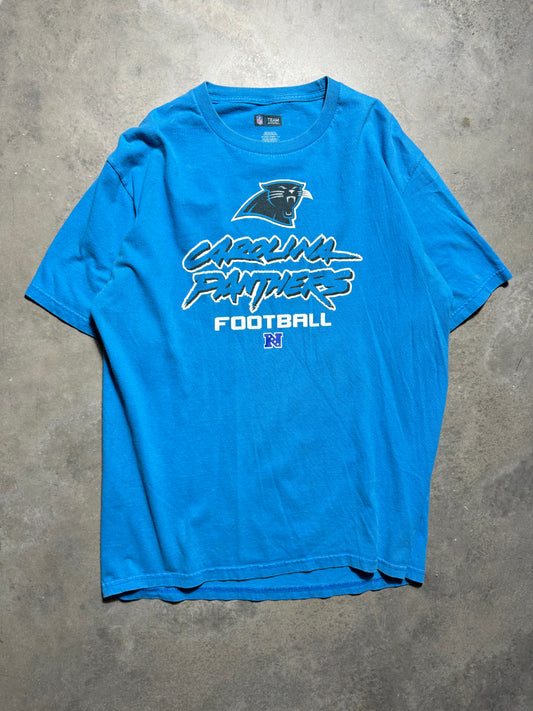 00’s Carolina Panthers Vintage Electric Blue Cat Scratch Font Logo NFL Tee (Large)