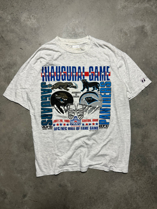 1995 Carolina Panthers vs. Jacksonville Jaguars Vintage Heather Grey Logo 7 Inaugural Game Hall of Fame Game NFL Tee (Large)