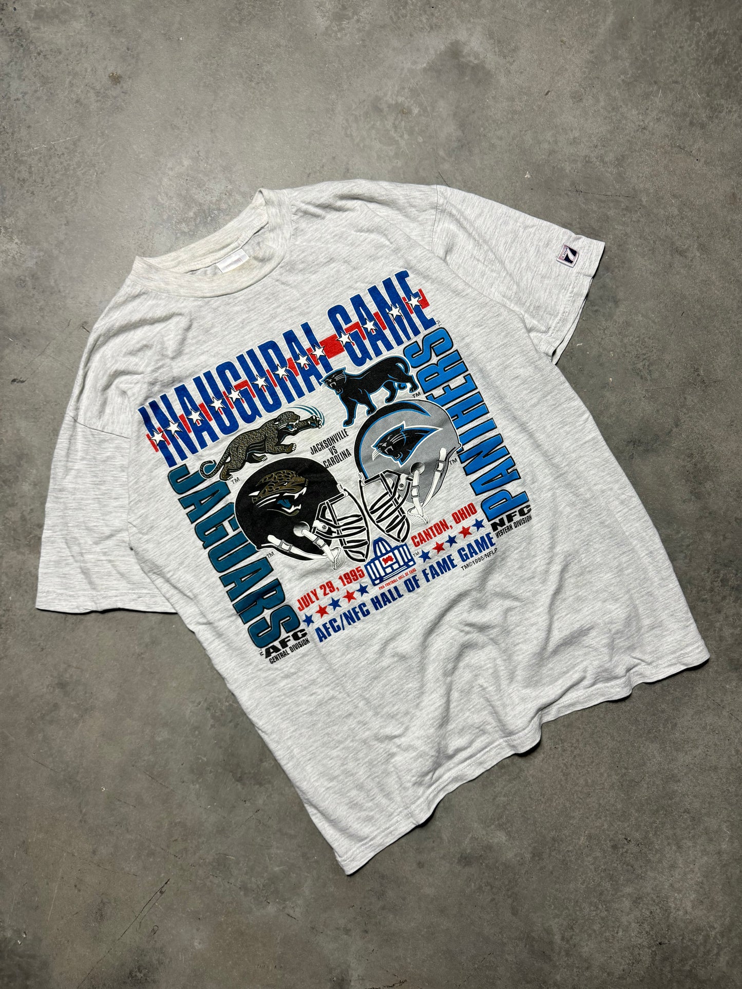 1995 Carolina Panthers vs. Jacksonville Jaguars Vintage Heather Grey Logo 7 Inaugural Game Hall of Fame Game NFL Tee (Large)