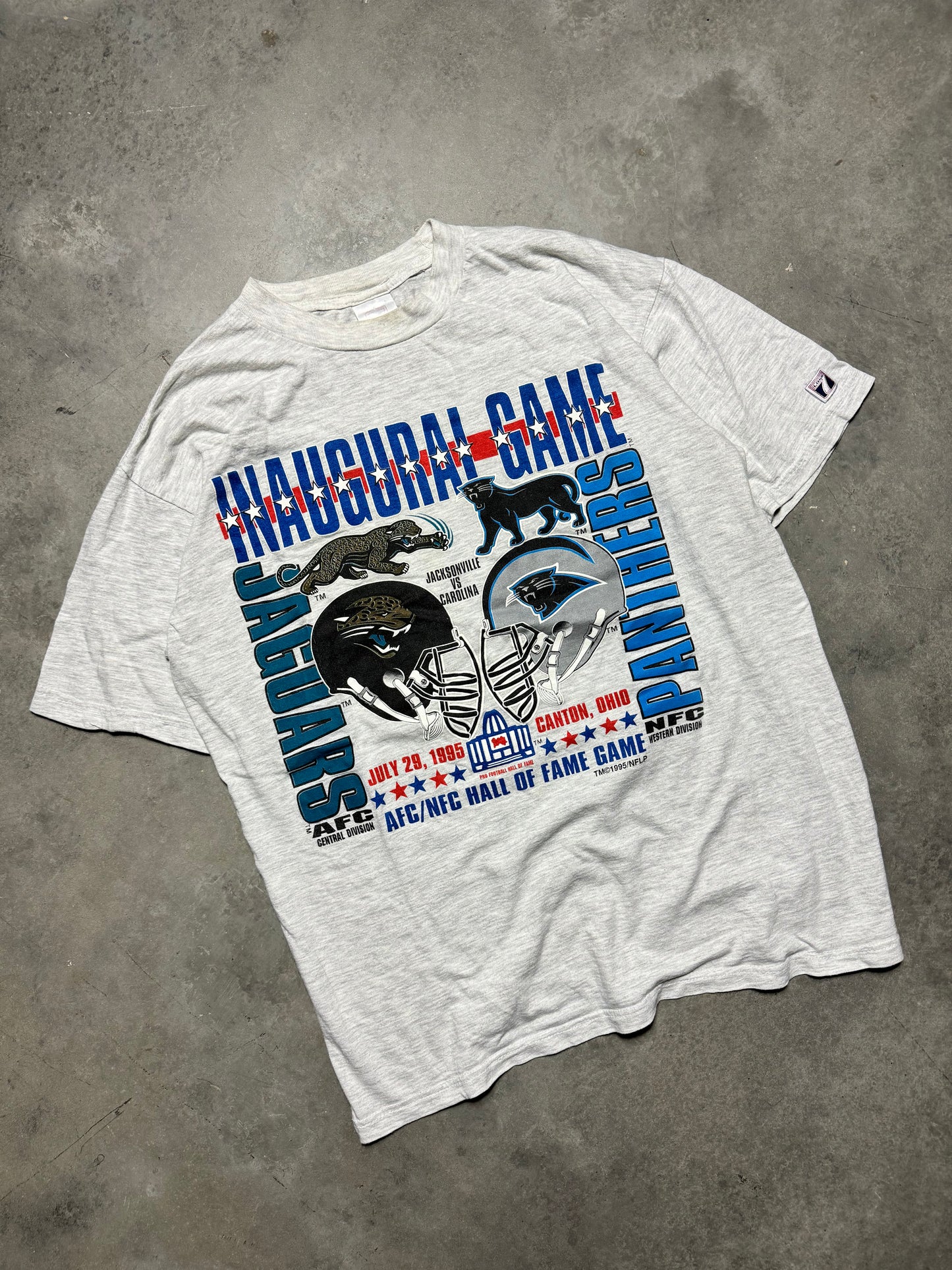 1995 Carolina Panthers vs. Jacksonville Jaguars Vintage Heather Grey Logo 7 Inaugural Game Hall of Fame Game NFL Tee (Large)