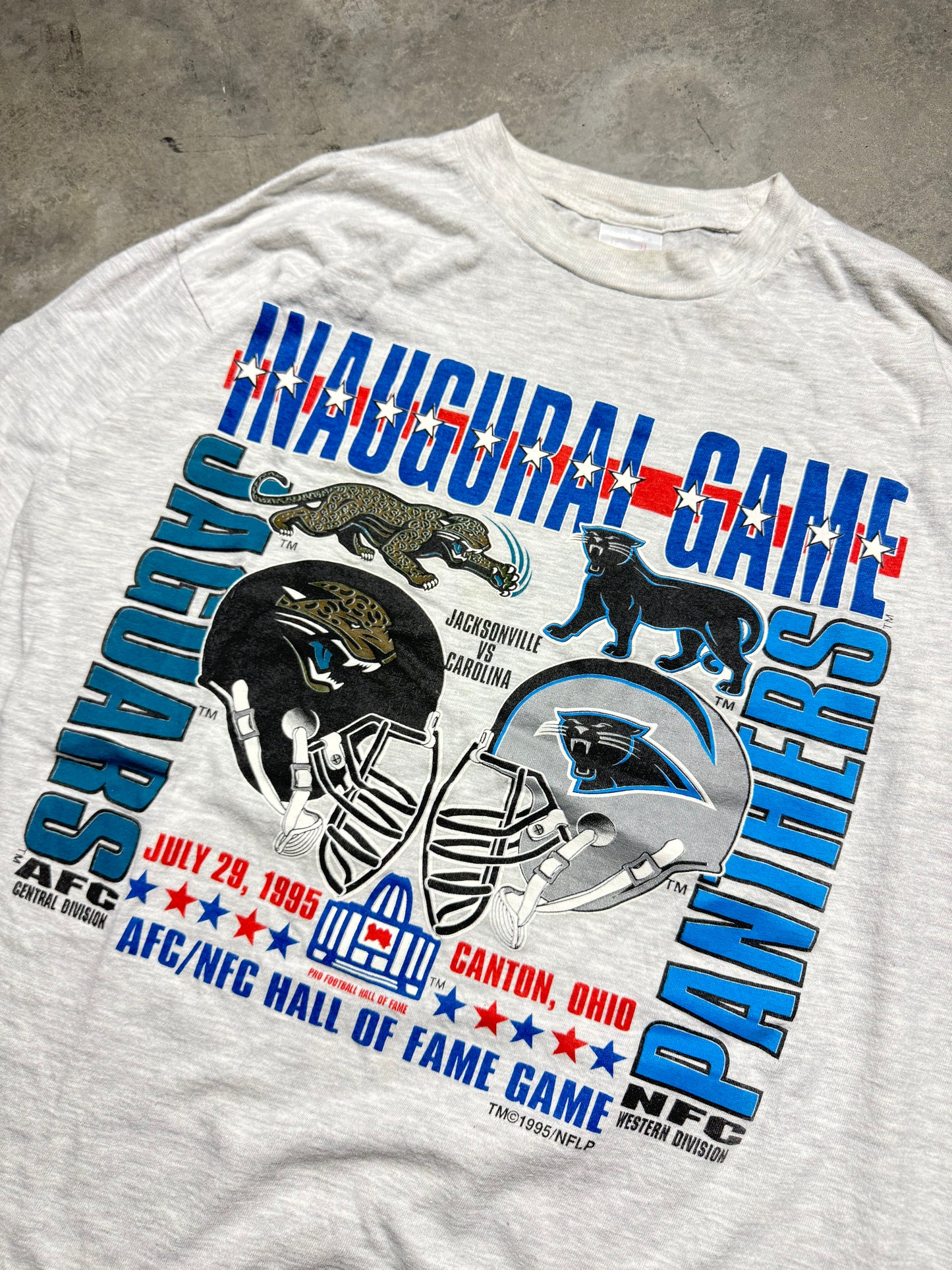 1995 Carolina Panthers vs. Jacksonville Jaguars Vintage Heather Grey Logo 7 Inaugural Game Hall of Fame Game NFL Tee (Large)