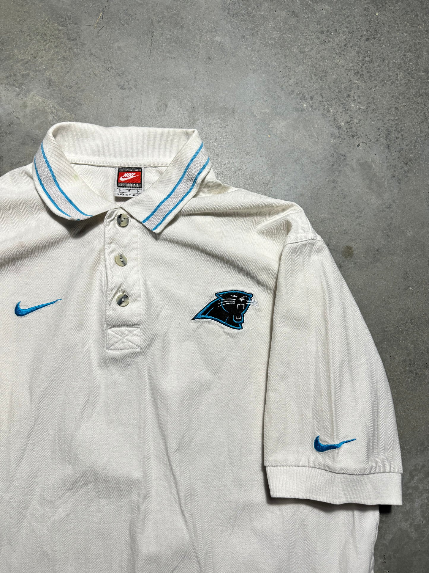 90’s Carolina Panthers Vintage White Nike Team Sports NFL Sideline Collared Polo Shirt (Medium)