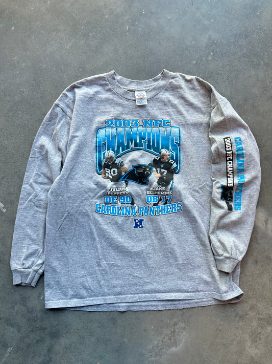 2003 Carolina Panthers NFC Champions Jake Delhomme & Julius Peppers Vintage NFL Longsleeve Tee (XL)