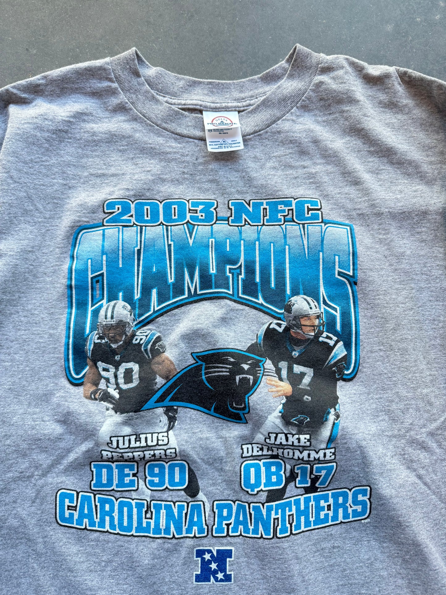 2003 Carolina Panthers NFC Champions Jake Delhomme & Julius Peppers Vintage NFL Longsleeve Tee (XL)