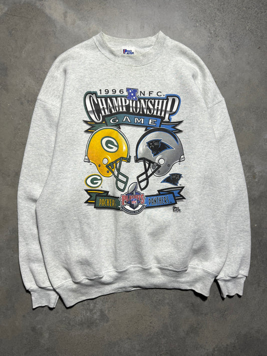 1996 Carolina Panthers vs. Green Bay Packers NFC Championship Game Vintage Heather Grey Pro Player Helmet Match Up Heavyweight NFL Playoffs Crewneck (XXL)