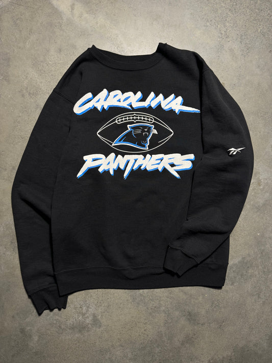 1995 Carolina Panthers Vintage Black Cat Scratch Font Logo Reebok NFL Heavyweight NFL Crewneck (Large)