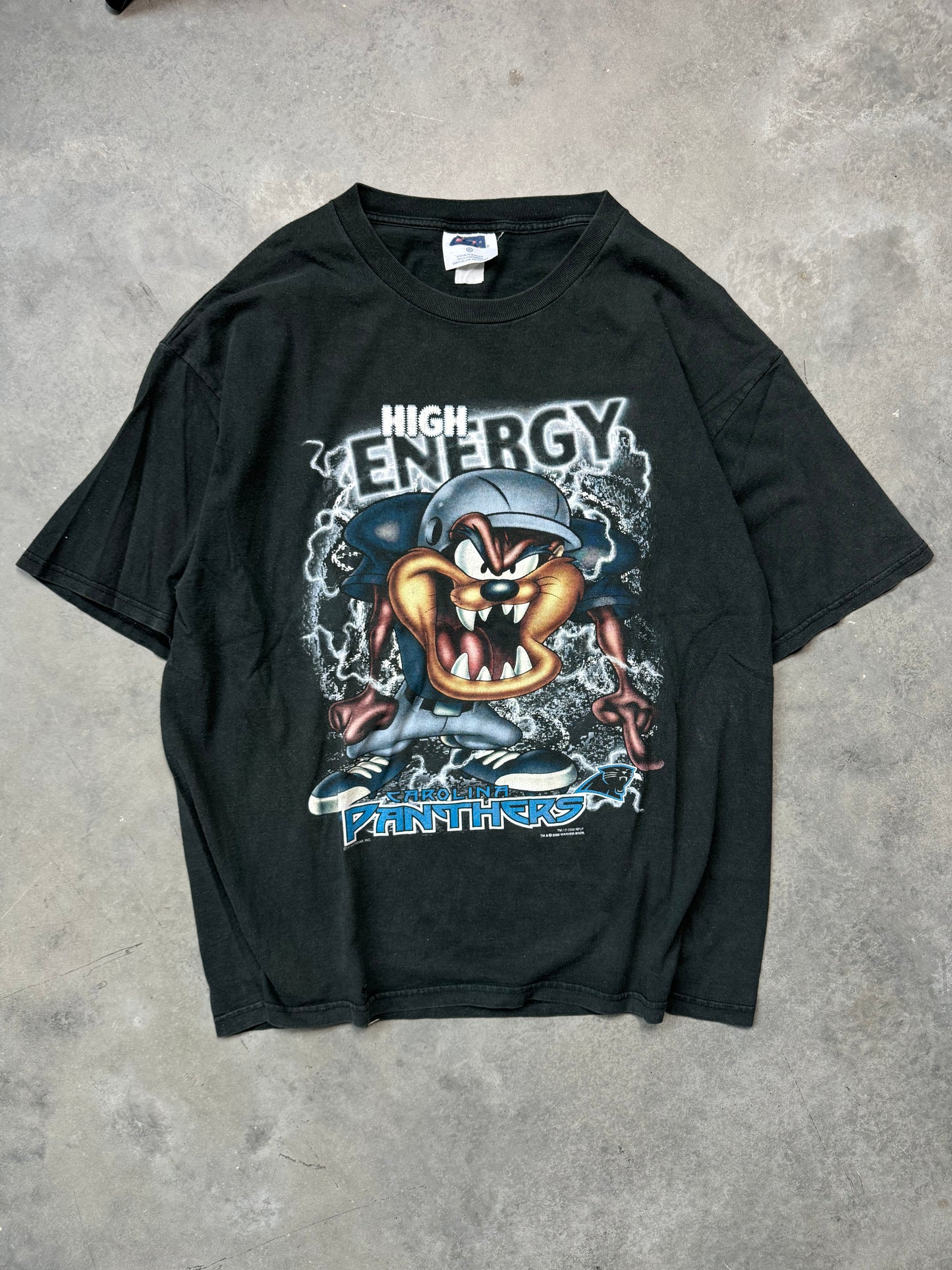 2000 Carolina Panthers x Taz Vintage Black Looney Tunes High Energy Faded NFL Cartoon Tee (XL)