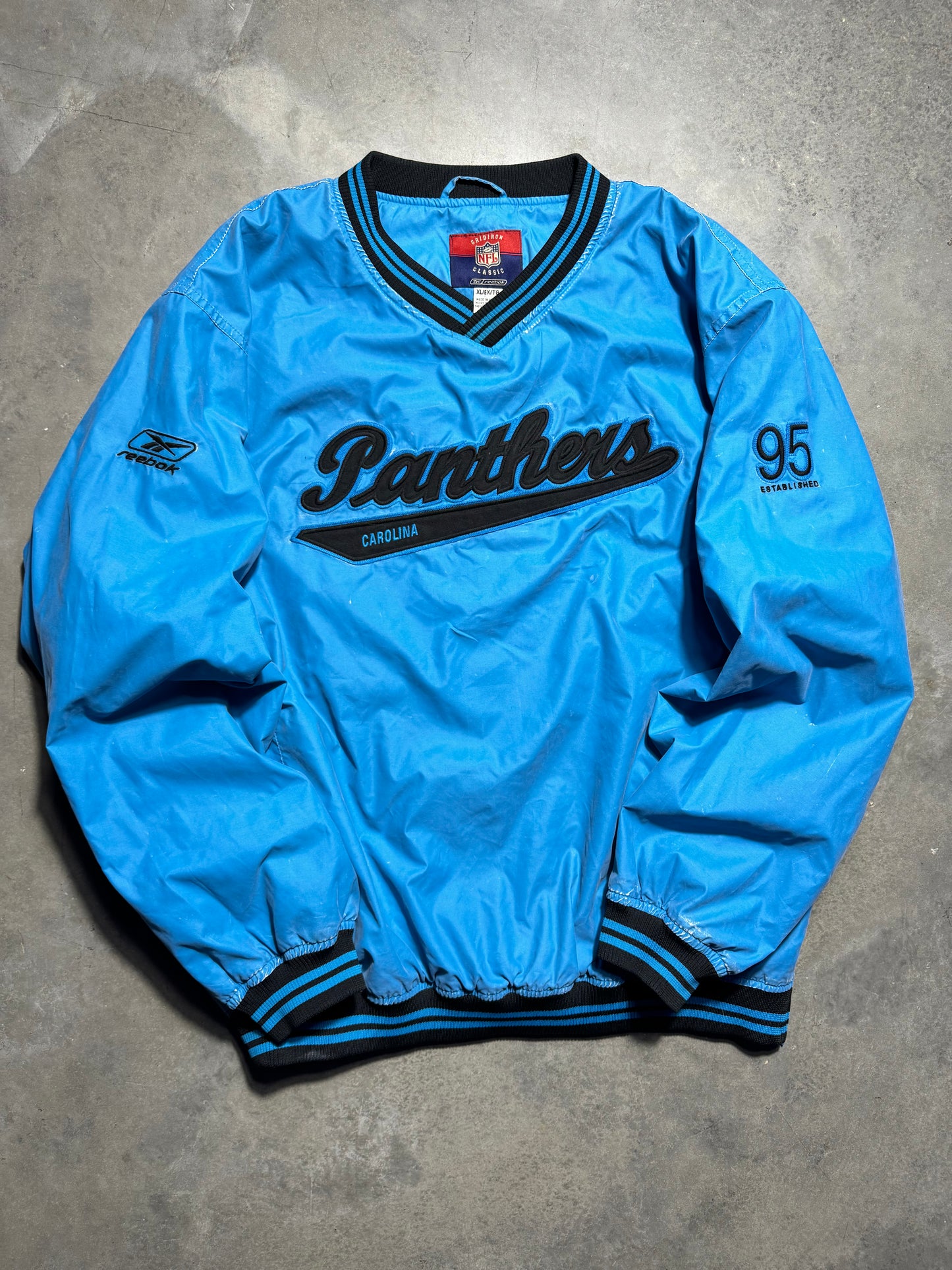 2003 Carolina Panthers Vintage Electric Blue Script Spellout Reebok Gridiron Collection Throwback Embroidered NFL Pullover Jacket (XL)