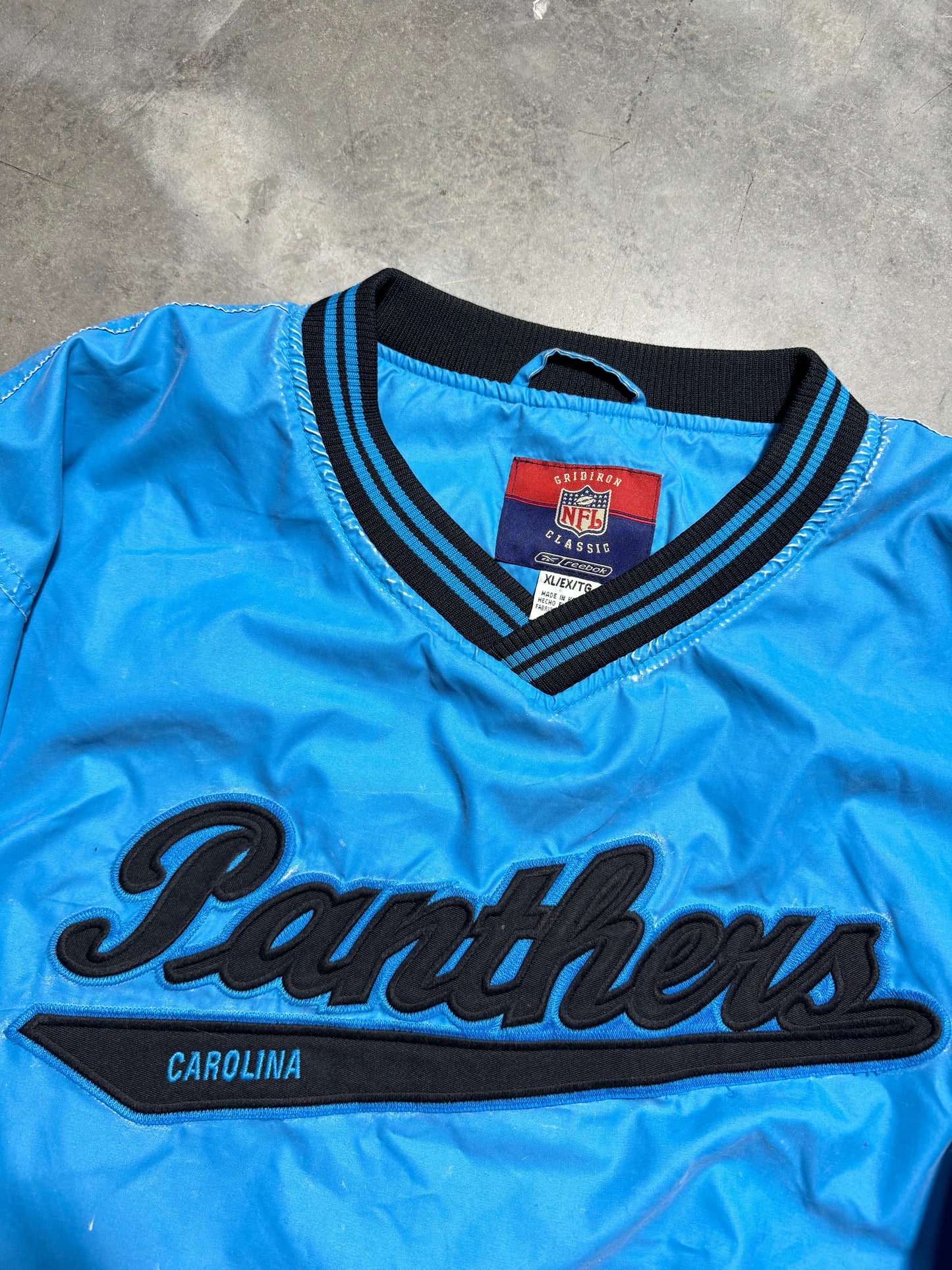 2003 Carolina Panthers Vintage Electric Blue Script Spellout Reebok Gridiron Collection Throwback Embroidered NFL Pullover Jacket (XL)
