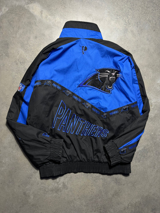 90’s Carolina Panthers Vintage Pro Player Repeat Logo Darker Blue Full Zip Sideline NFL Windbreaker Jacket (Large)