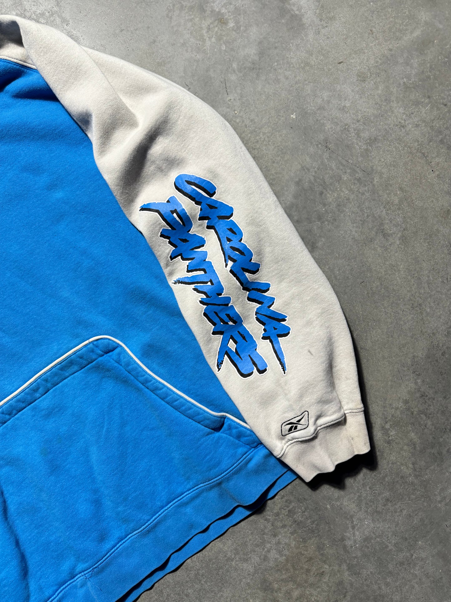 00’s Carolina Panthers Vintage Colorblocked Reebok Cat Scratch Font Helmet Style Hoodie (XL)
