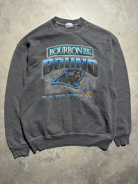 1997 Carolina Panthers Bourbon Street Bound Super Bowl XXXI Vintage Pro Player Overdyed Black NFL Heavyweight Crewneck (XL)
