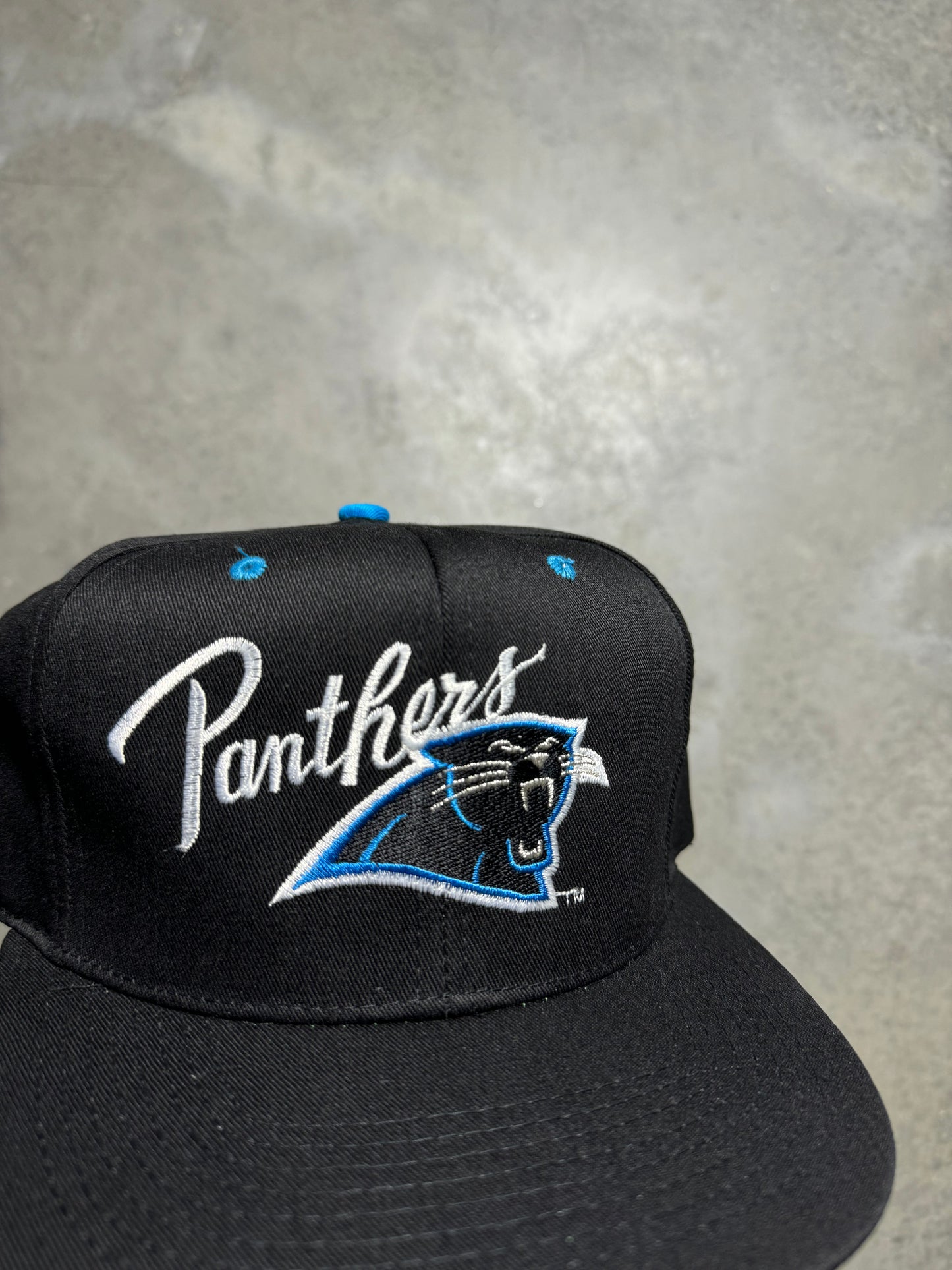 90’s Carolina Panthers Vintage Black Script Logo Snapback Hat - Deadstock (OSFA)