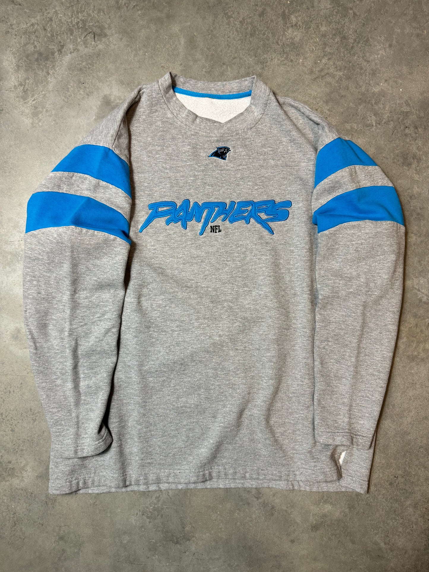 00’s Carolina Panthers Vintage Grey Cat Scratch Font Embroidered NFL Crewneck (XL)