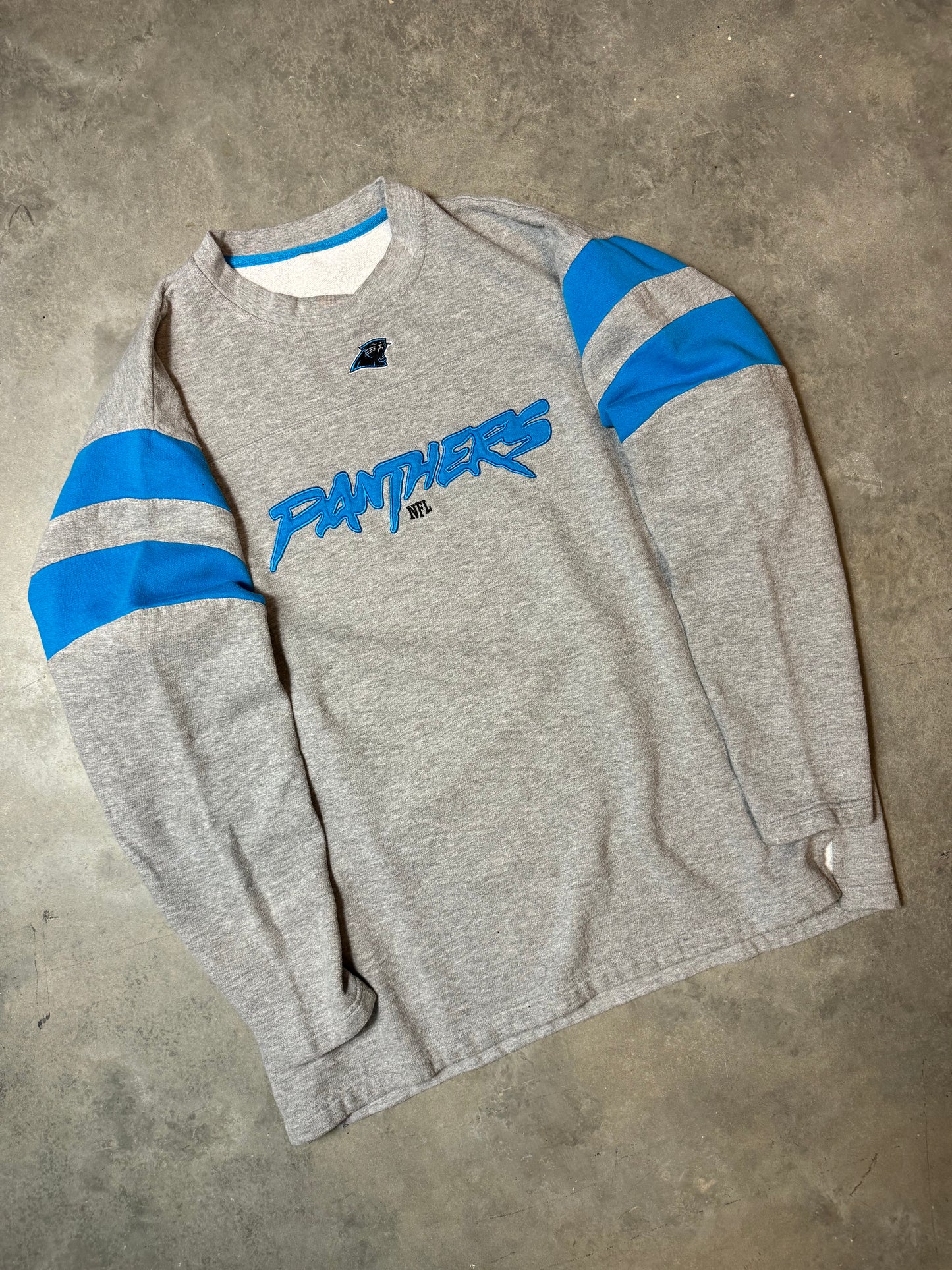 00’s Carolina Panthers Vintage Grey Cat Scratch Font Embroidered NFL Crewneck (XL)