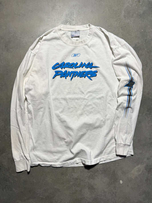 00’s Carolina Panthers Vintage White Reebok Cat Scratch Font Logo Sleeve Print NFL Longsleeve Tee (Large)
