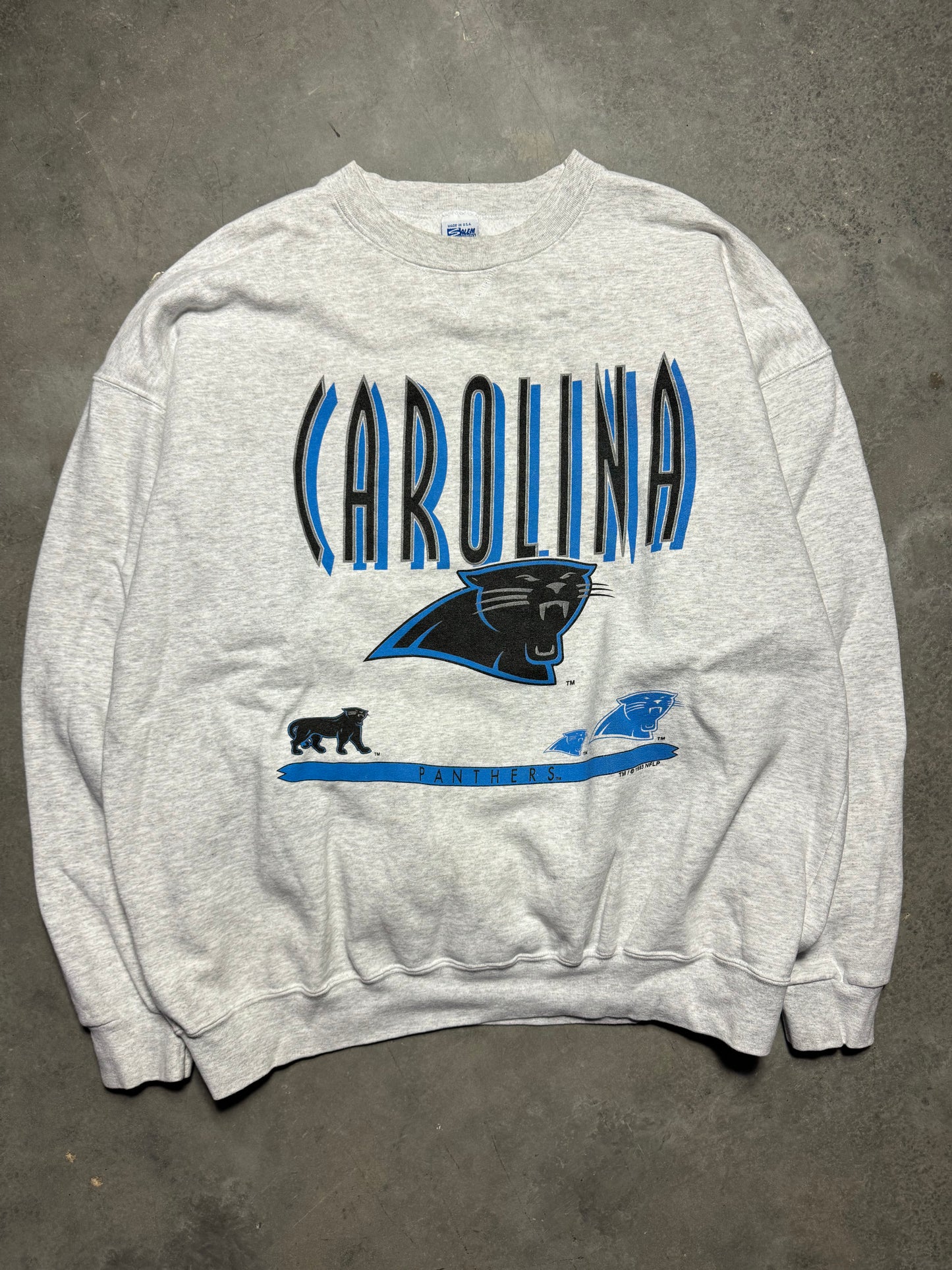 1993 Carolina Panthers Vintage Heather Grey Salem Sportswear Full Panther Alternate Logo Heavyweight NFL Crewneck (XL)
