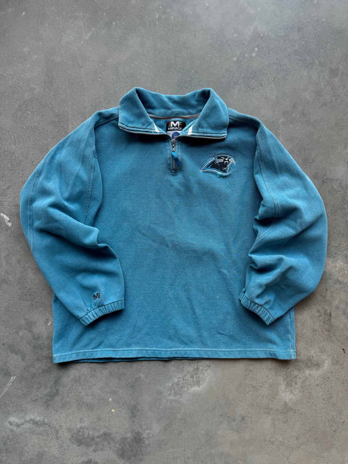 90’s Carolina Panthers Vintage Washed Blue Thick Cotton Half Zip Mirage Sportswear NFL Pullover (Large)