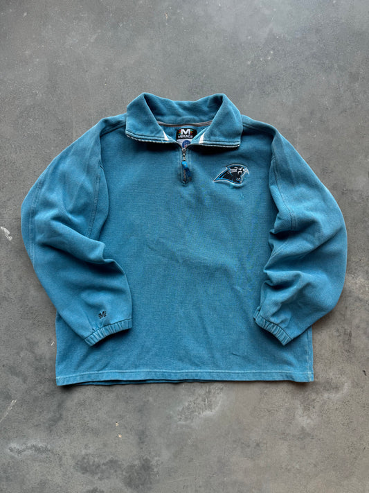 90’s Carolina Panthers Vintage Washed Blue Thick Cotton Half Zip Mirage Sportswear NFL Pullover (Large)