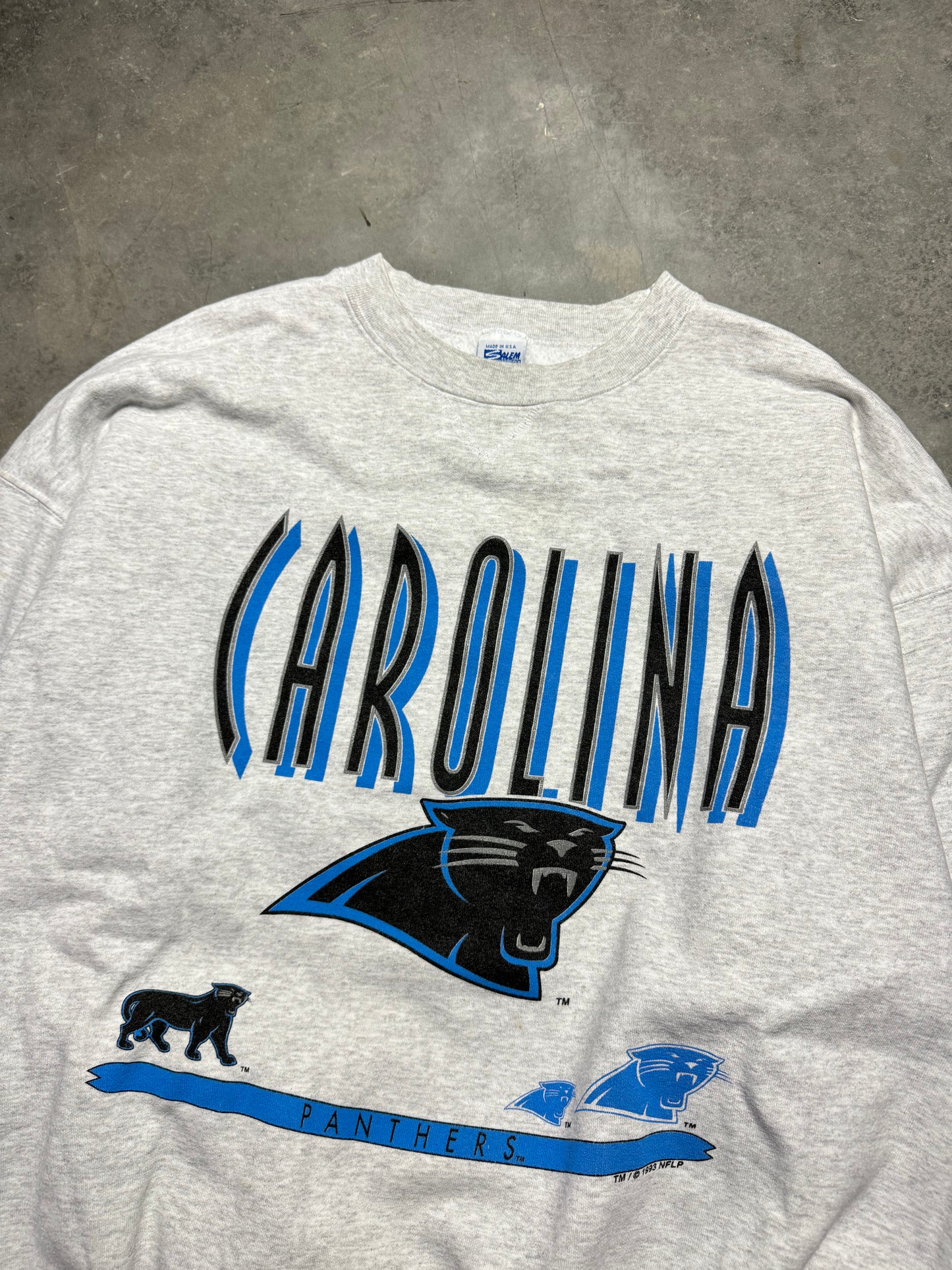 1993 Carolina Panthers Vintage Heather Grey Salem Sportswear Full Panther Alternate Logo Heavyweight NFL Crewneck (XL)