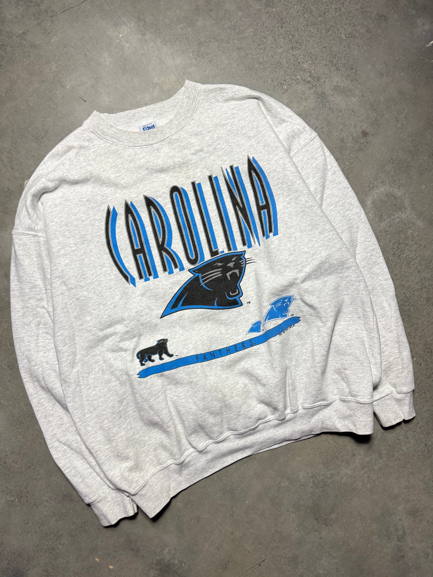 1993 Carolina Panthers Vintage Heather Grey Salem Sportswear Full Panther Alternate Logo Heavyweight NFL Crewneck (XL)