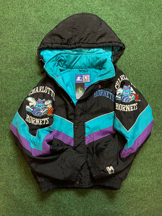 90’s Charlotte Hornets Vintage Black Alternate NBA Starter Puffer Jacket (Small)