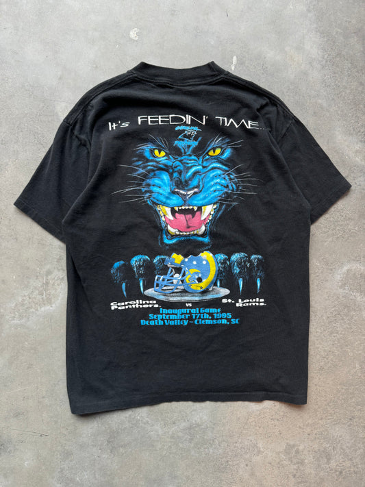 1995 Carolina Panthers vs. St. Louis Rams “It’s Feedin’ Time” Vintage Black Inaugural Season First Game Realistic Big Face NFL Tee (Large)